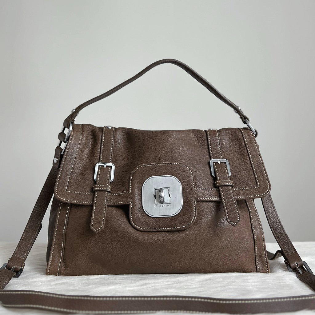 Longchamp Mocha Leather Double Buckle 2 Way Shoulder Bag Excellent