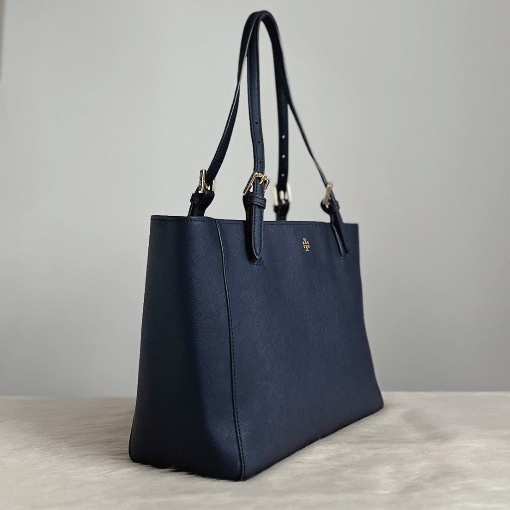 Tory Burch Navy Leather Triple Compartment Carryall Shoulder Bag Excellent