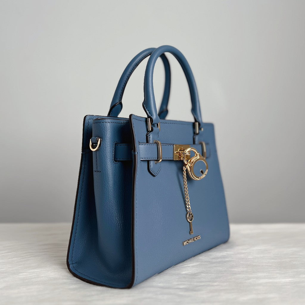 Michael Kors Blue Leather MK Lock Charm 2 Way Shoulder Bag Like New