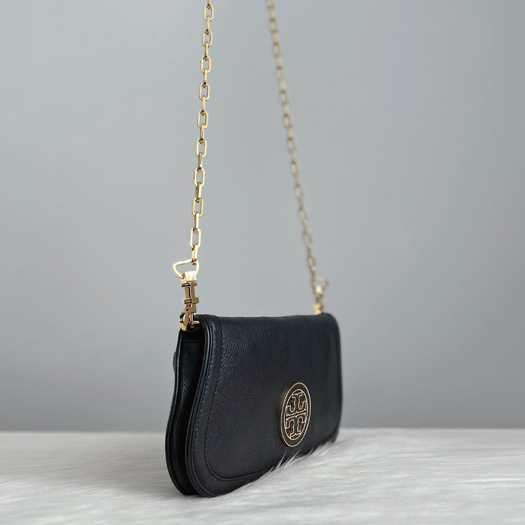 Tory Burch Black Leather Front Logo Chain Crossbody Shoulder Bag Like New