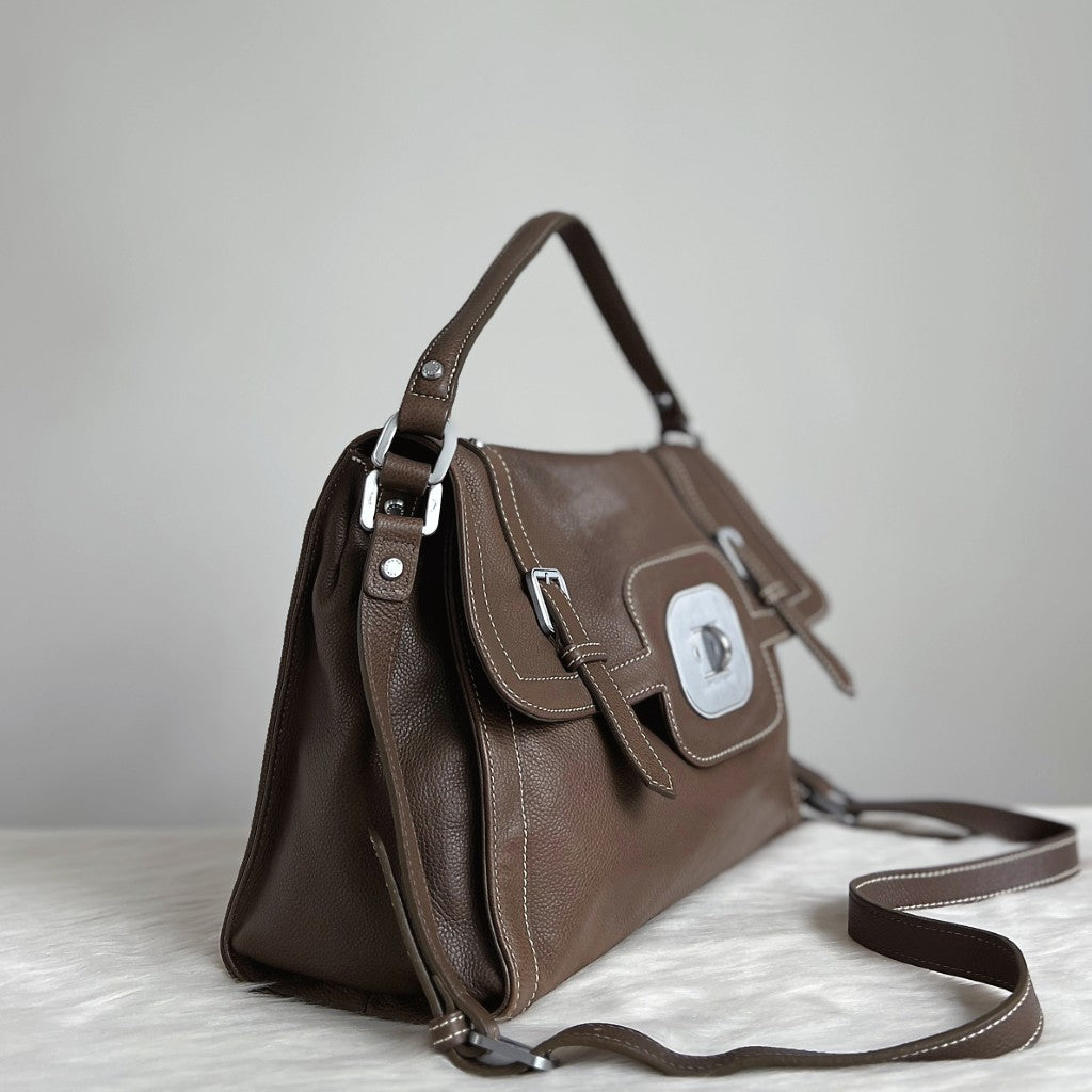 Longchamp Mocha Leather Double Buckle 2 Way Shoulder Bag Excellent