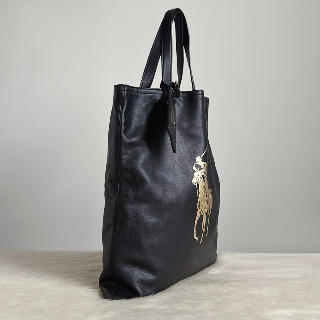 Ralph Lauren Black Leather Signature Logo Charm Detail Book Tote Bag Excellent