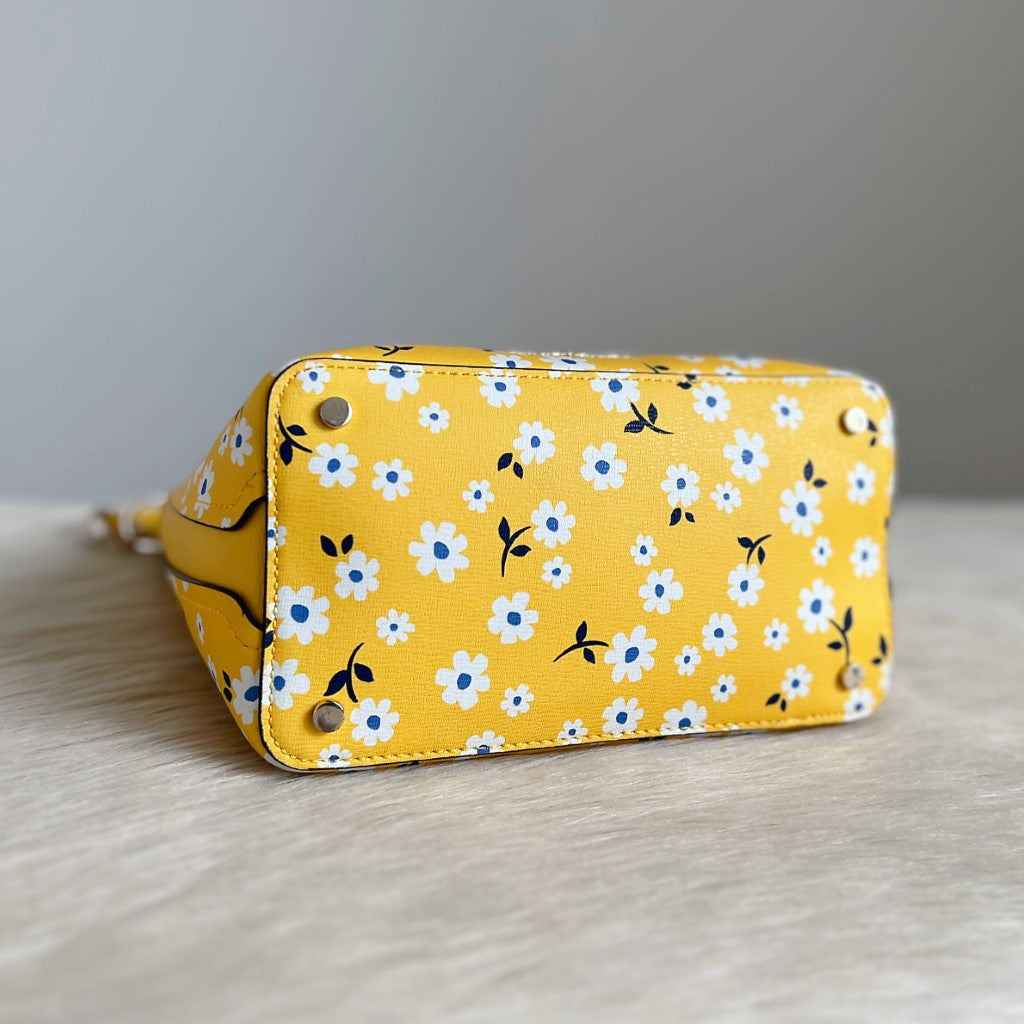 Kate Spade Yellow Leather Floral Pattern Bucket 2 Way Shoulder Bag Excellent