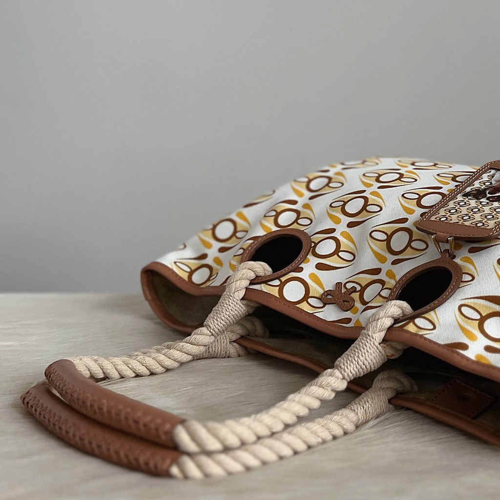 Anya Hindmarch Caramel Leather Patterned Canvas Shopper Shoulder Bag Excellent
