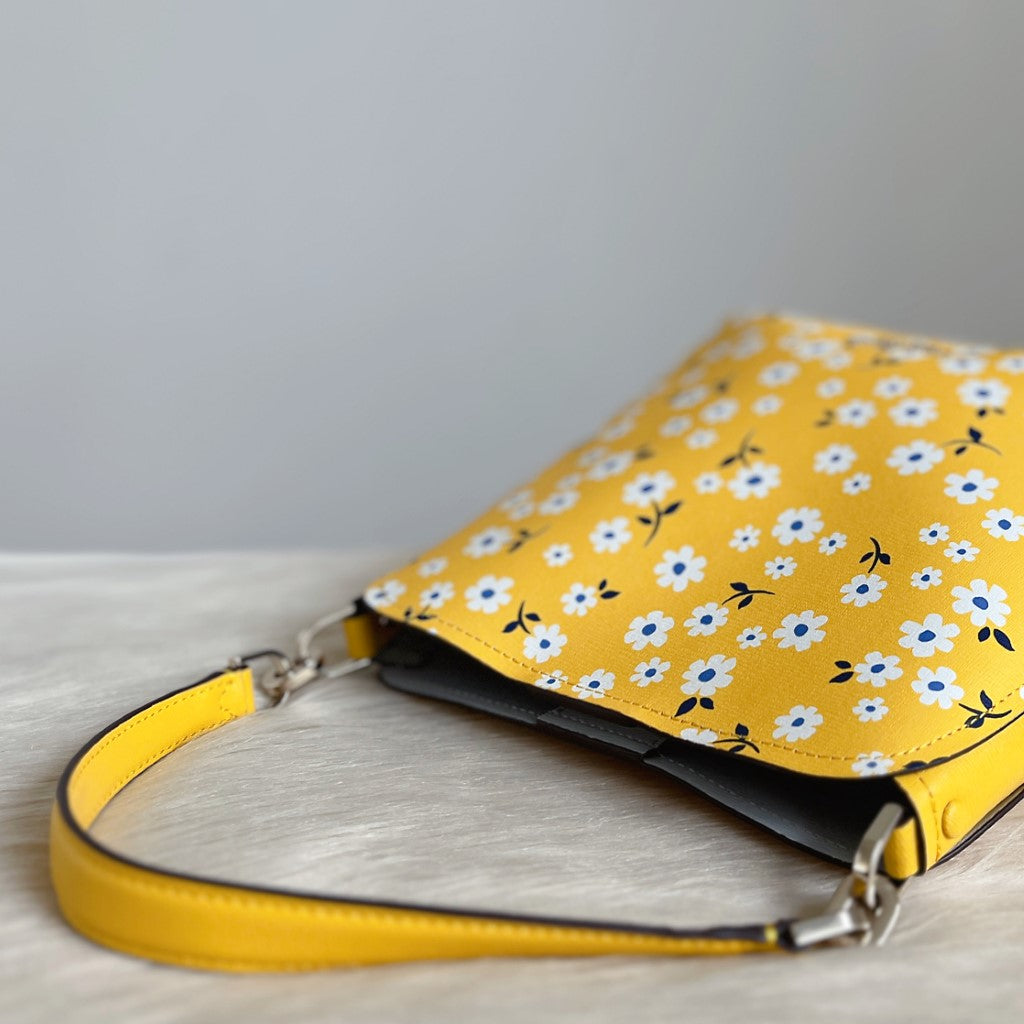 Kate Spade Yellow Leather Floral Pattern Bucket 2 Way Shoulder Bag Excellent