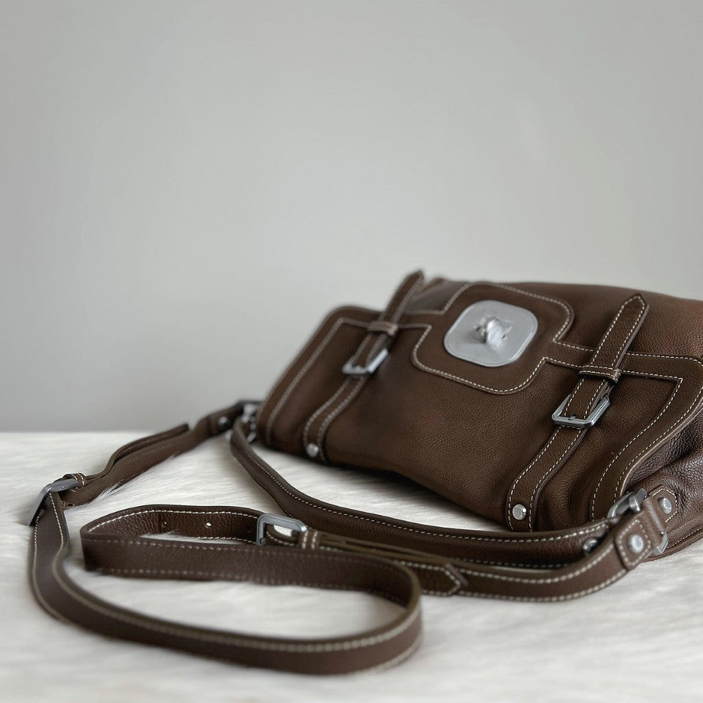 Longchamp Mocha Leather Double Buckle 2 Way Shoulder Bag Excellent