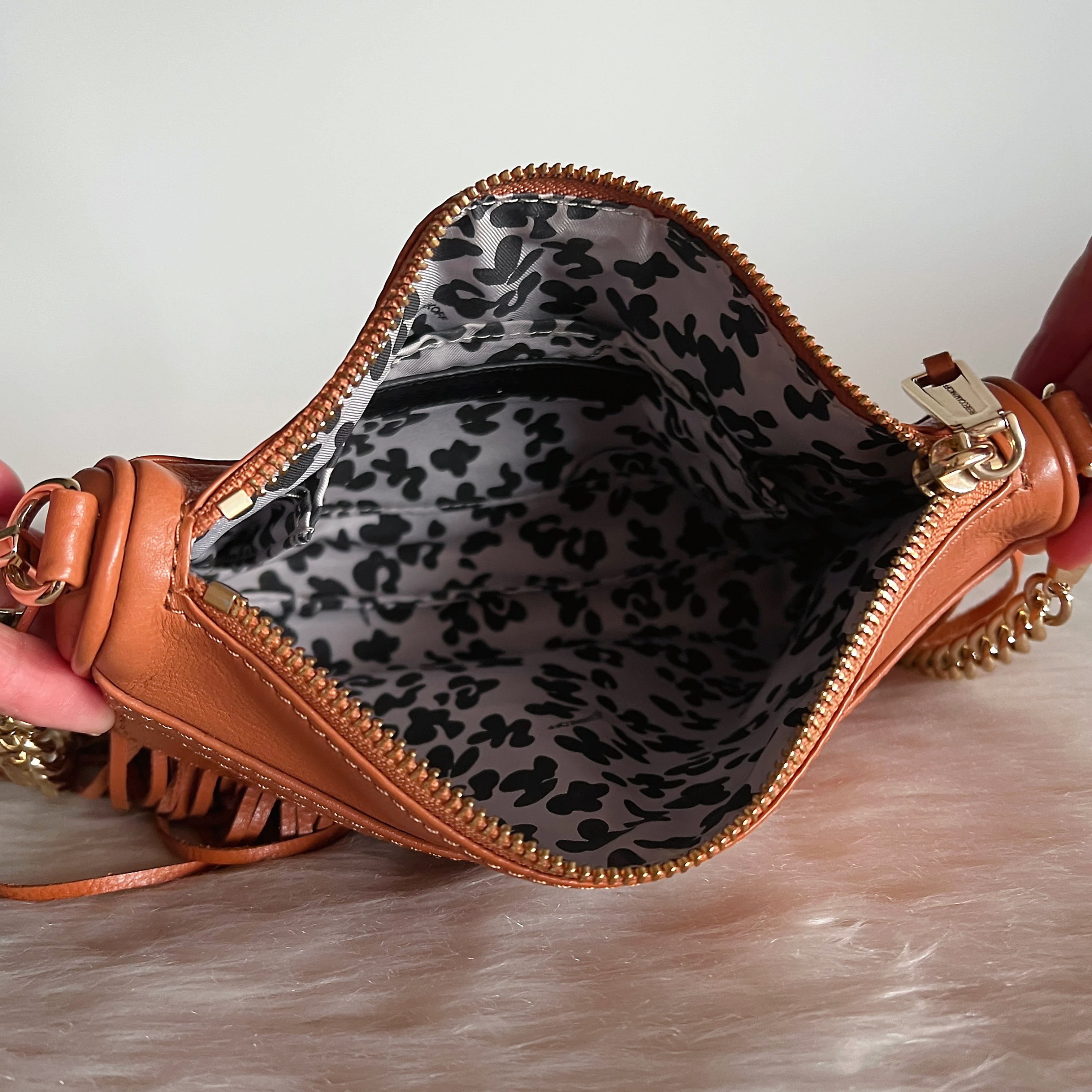 Rebecca Minkoff Caramel Leather Fringe Detail Crossbody Shoulder Bag Like New