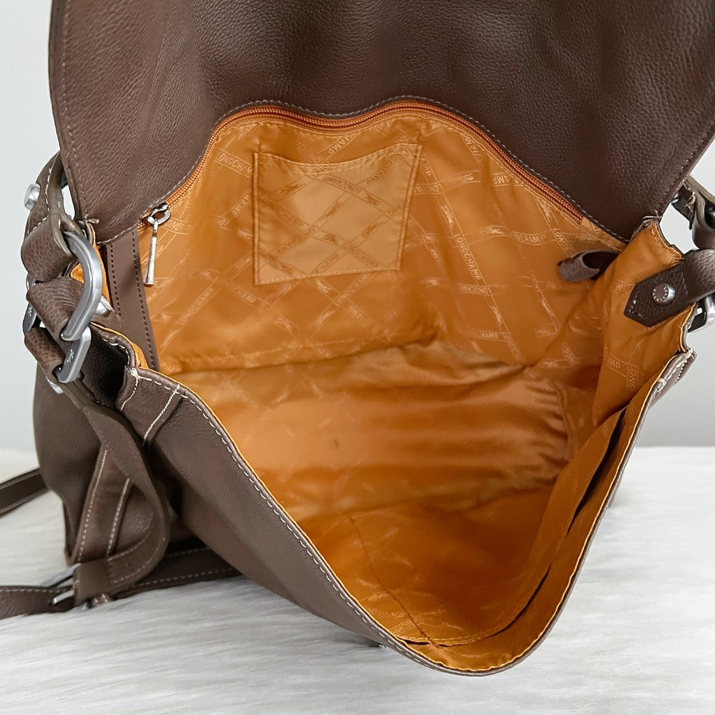 Longchamp Mocha Leather Double Buckle 2 Way Shoulder Bag Excellent