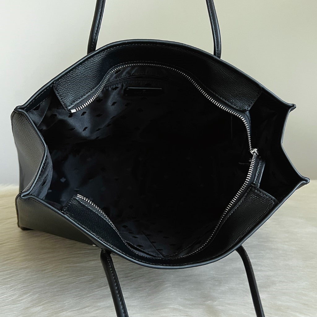 Kate Spade Black Leather Front Logo Carryall Tote Shoulder Bag Like New