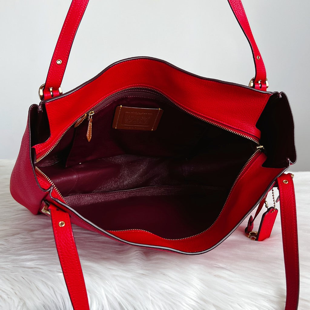 Coach Red Pebbled Leather Slouchy Carryall Large Shoulder Bag Like New