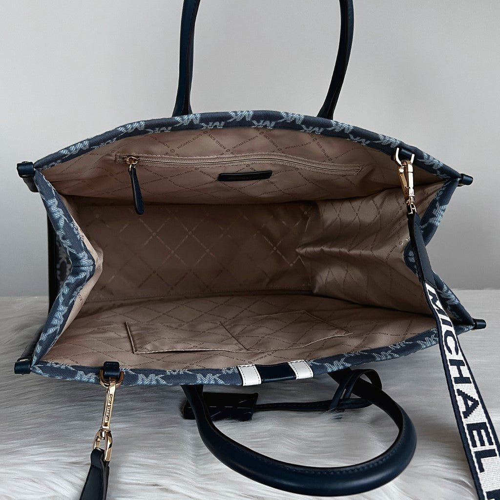 Michael Kors Navy Leather Monogram Oversized Book Tote 2 Way Shoulder Bag Like New