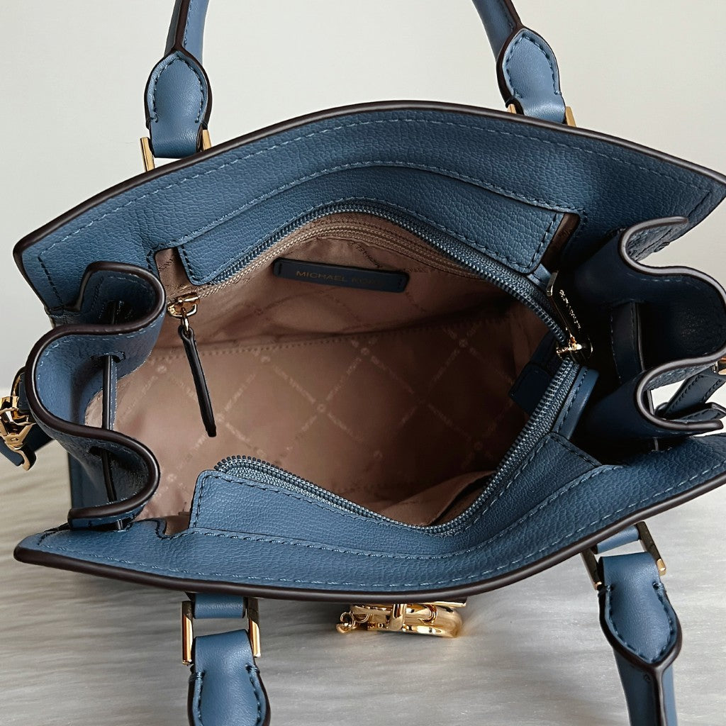 Michael Kors Blue Leather MK Lock Charm 2 Way Shoulder Bag Like New