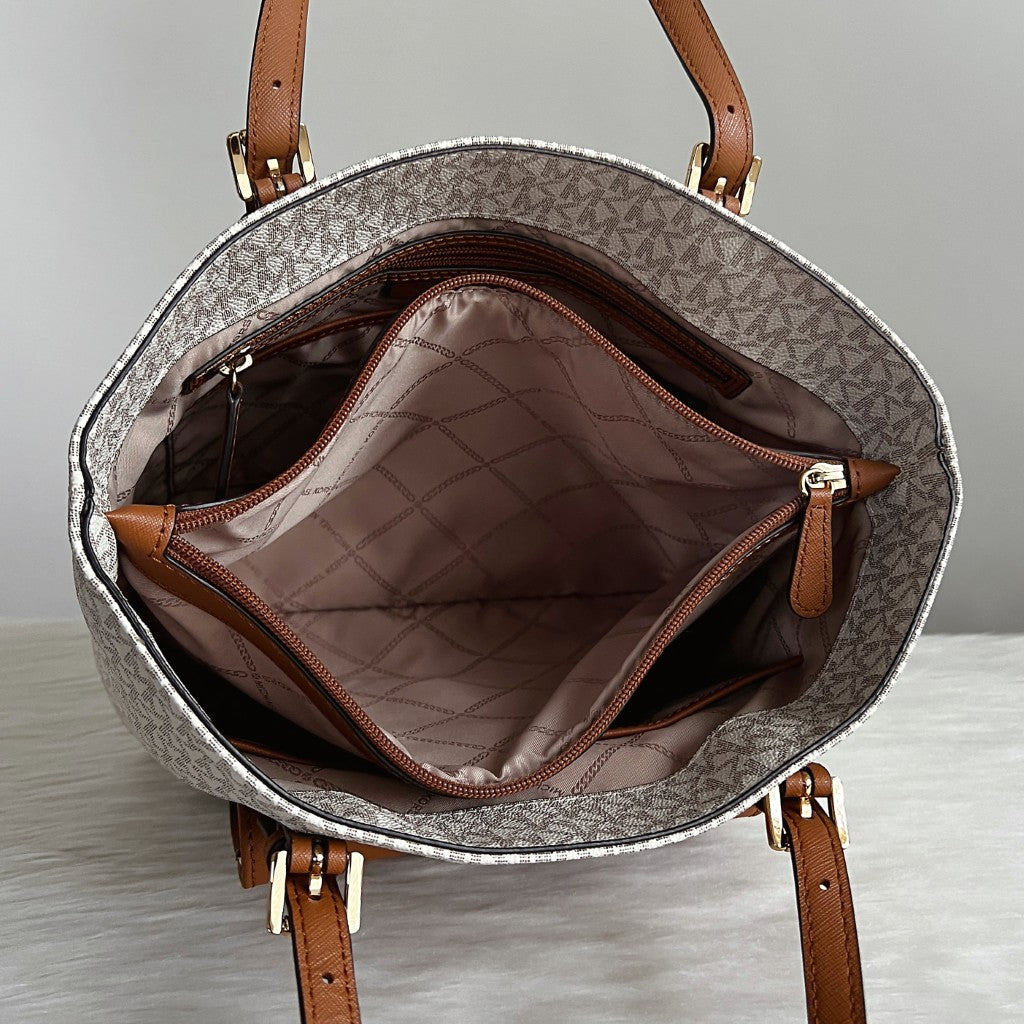 Michael Kors Caramel Leather Monogram Triple Compartment Shoulder Bag Like New