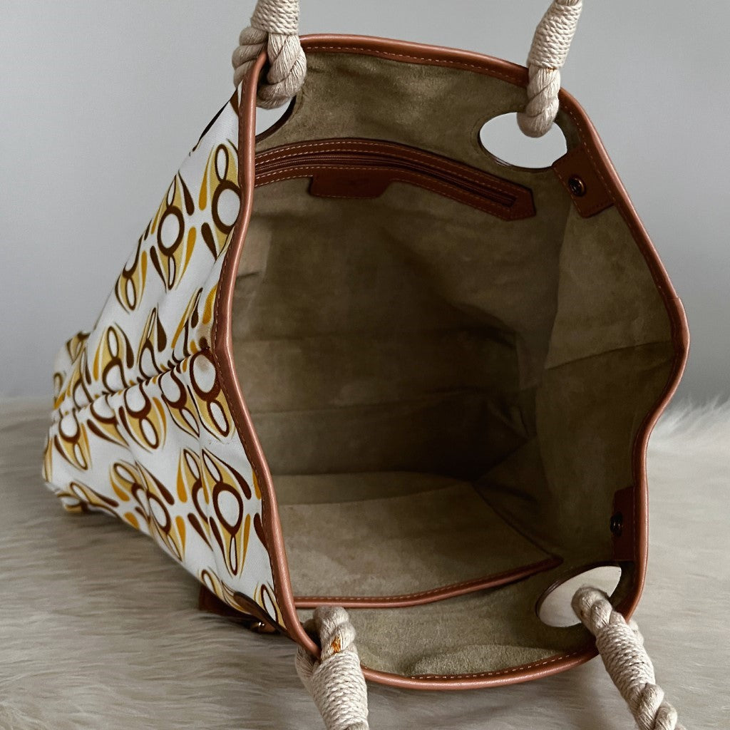 Anya Hindmarch Caramel Leather Patterned Canvas Shopper Shoulder Bag Excellent