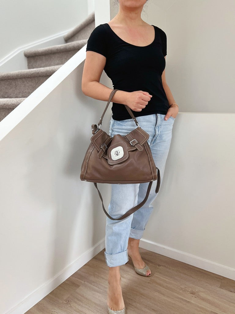 Longchamp Mocha Leather Double Buckle 2 Way Shoulder Bag Excellent