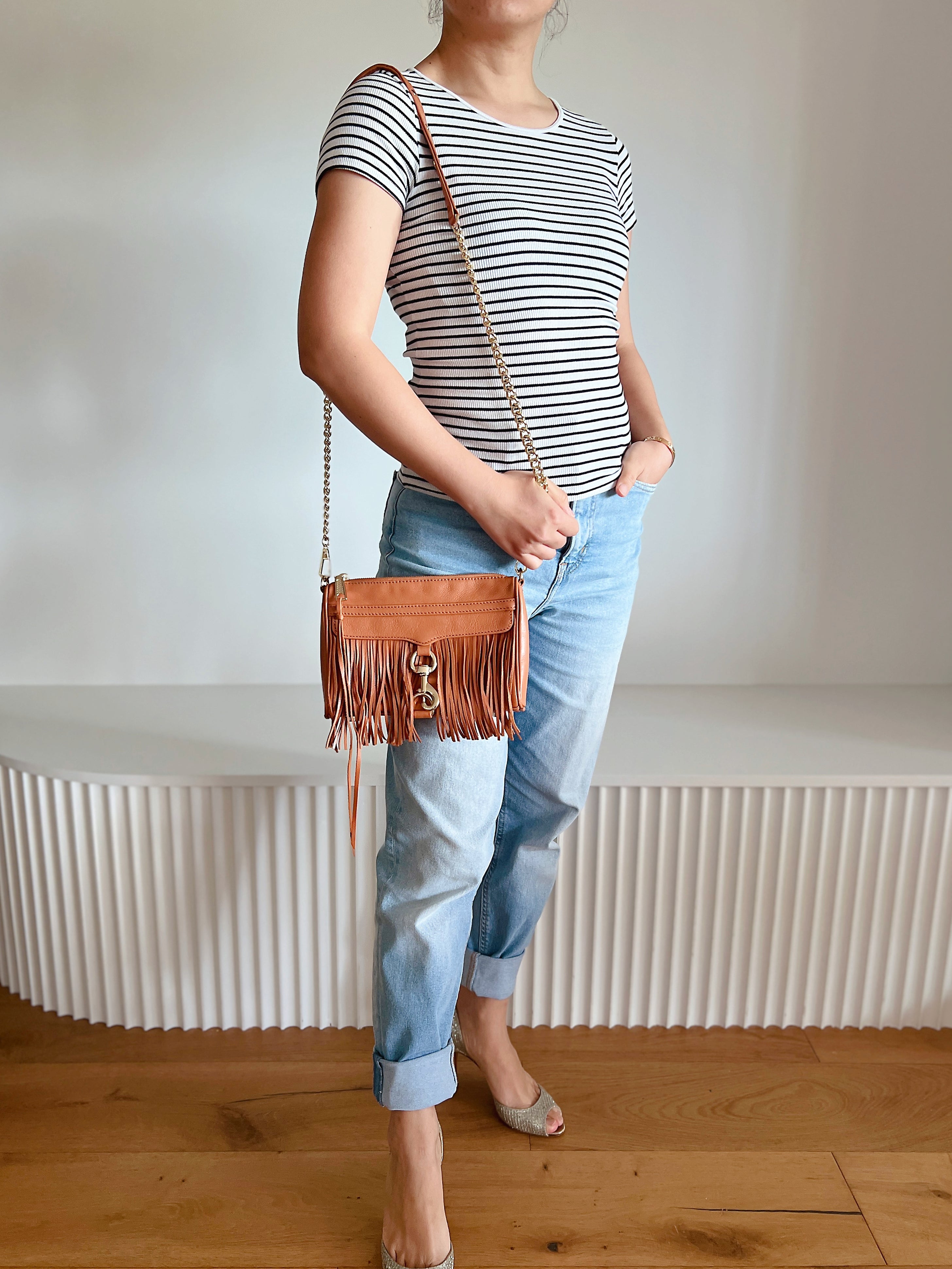 Rebecca Minkoff Caramel Leather Fringe Detail Crossbody Shoulder Bag Like New
