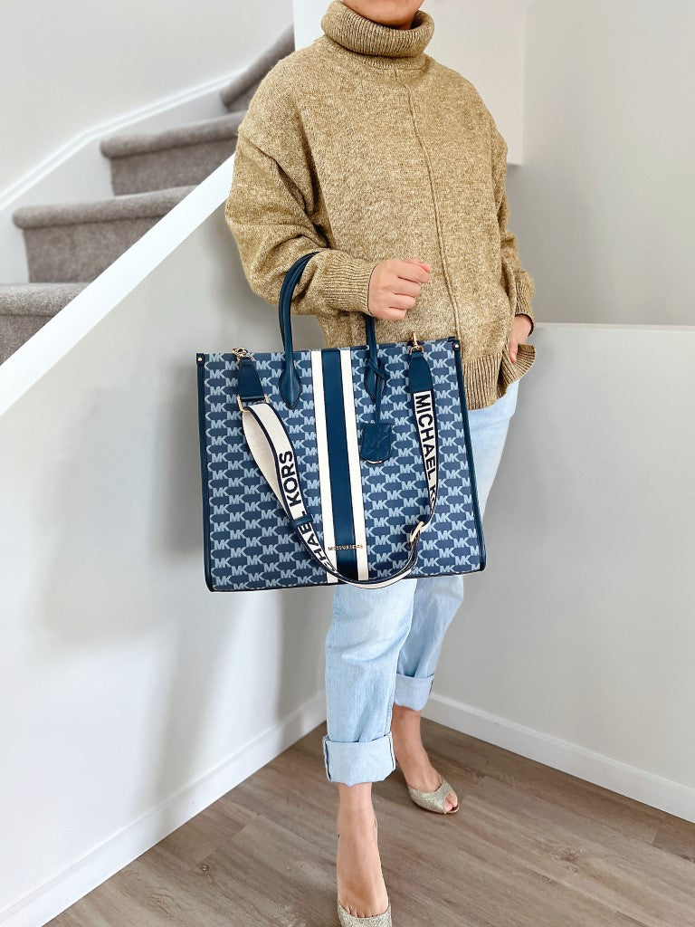 Michael Kors Navy Leather Monogram Oversized Book Tote 2 Way Shoulder Bag Like New