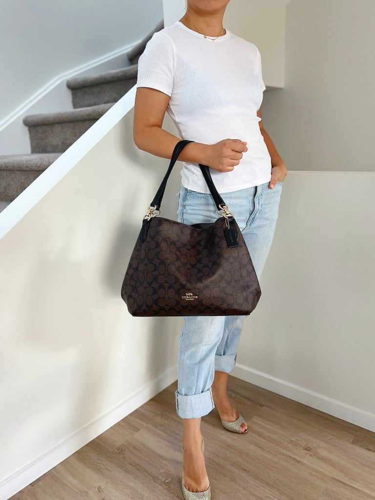 Coach Black Leather Monogram Triple Compartment Shoulder Bag Excellent