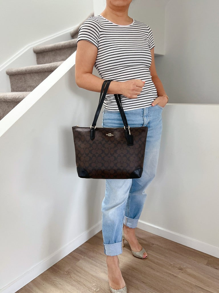Coach Black Leather Monogram Shopper Shoulder Bag Like New