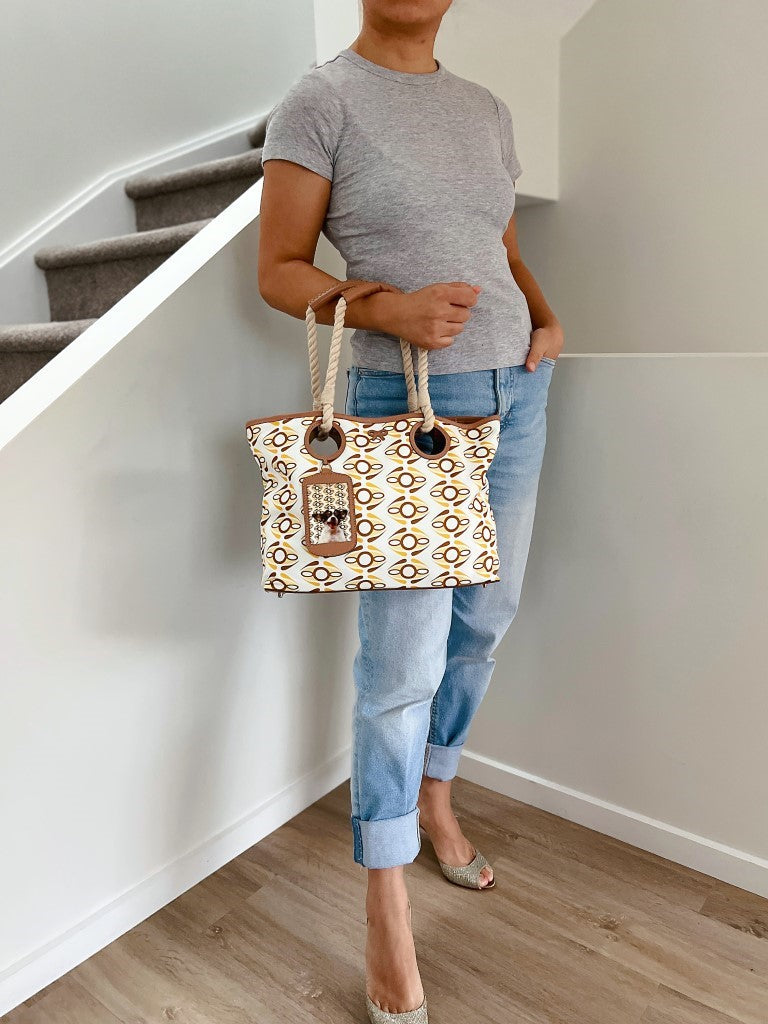 Anya Hindmarch Caramel Leather Patterned Canvas Shopper Shoulder Bag Excellent