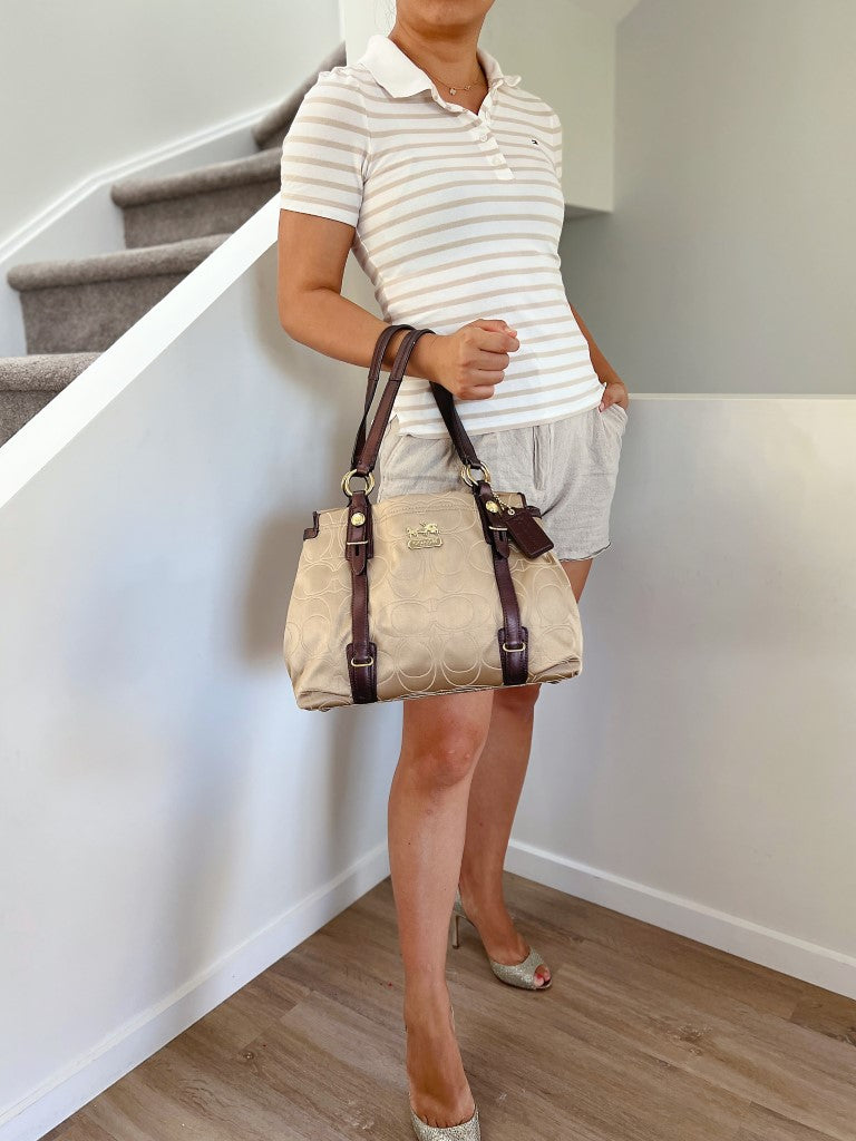 Coach Chocolate Leather Monogram Triple Compartment Shoulder Bag