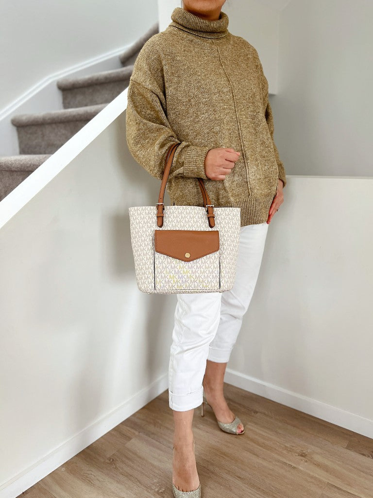 Michael Kors Caramel Leather Monogram Triple Compartment Shoulder Bag Like New