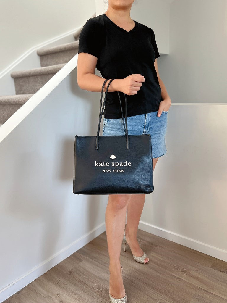 Kate Spade Black Leather Front Logo Carryall Tote Shoulder Bag Like New