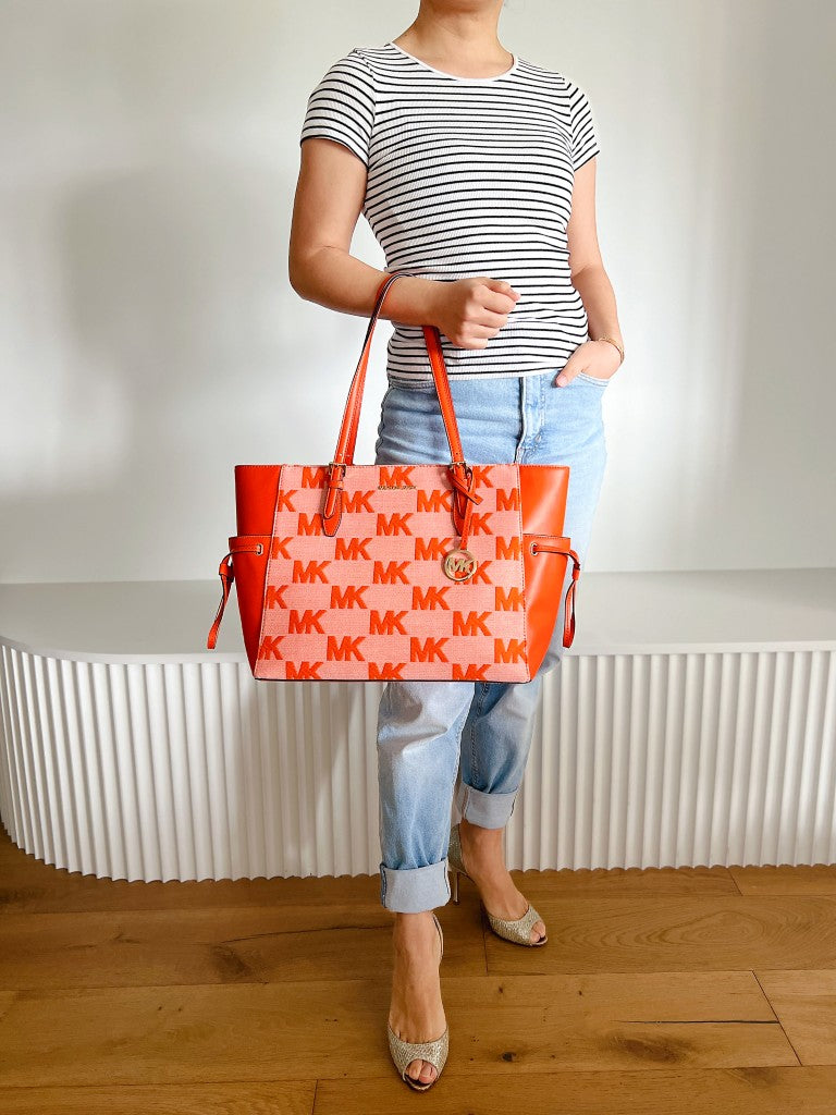Michael Kors Orange Leather Monogram Drawstring Large Shoulder Bag Like New