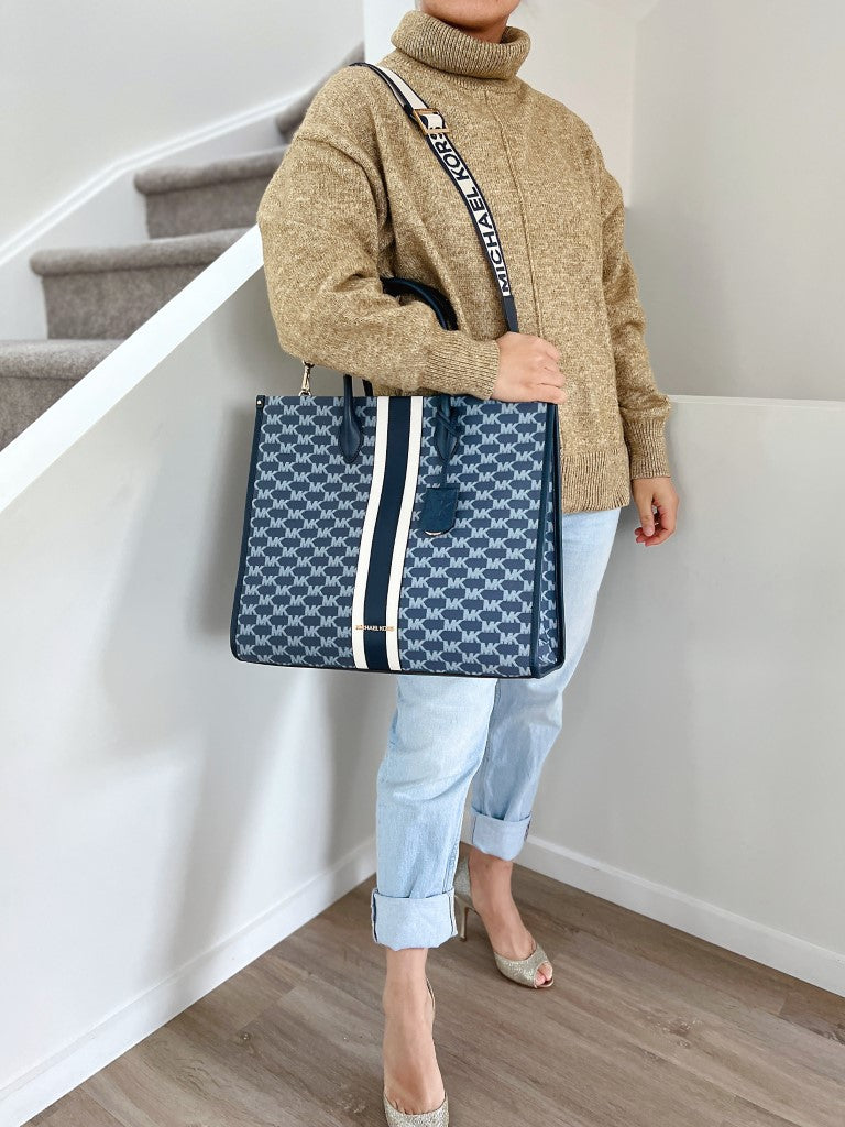 Michael Kors Navy Leather Monogram Oversized Book Tote 2 Way Shoulder Bag Like New