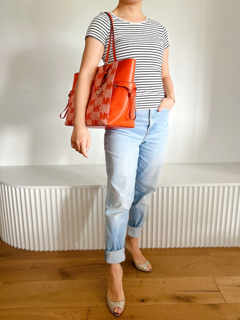 Michael Kors Orange Leather Monogram Drawstring Large Shoulder Bag Like New