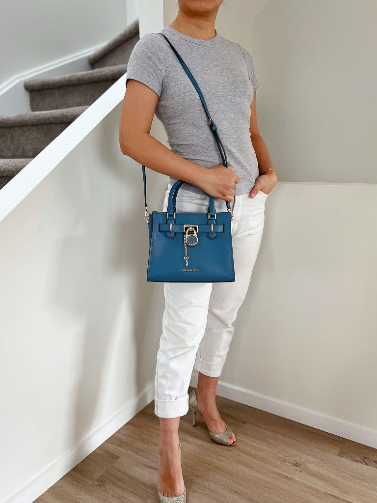 Michael Kors Blue Leather MK Lock Charm 2 Way Shoulder Bag Like New