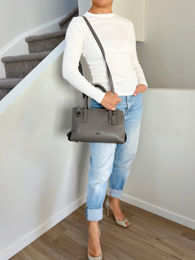 Coach Grey Leather Triple Compartment Career 2 Way Shoulder Bag Like New