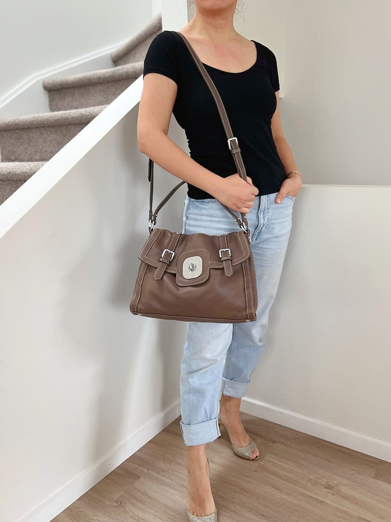 Longchamp Mocha Leather Double Buckle 2 Way Shoulder Bag Excellent