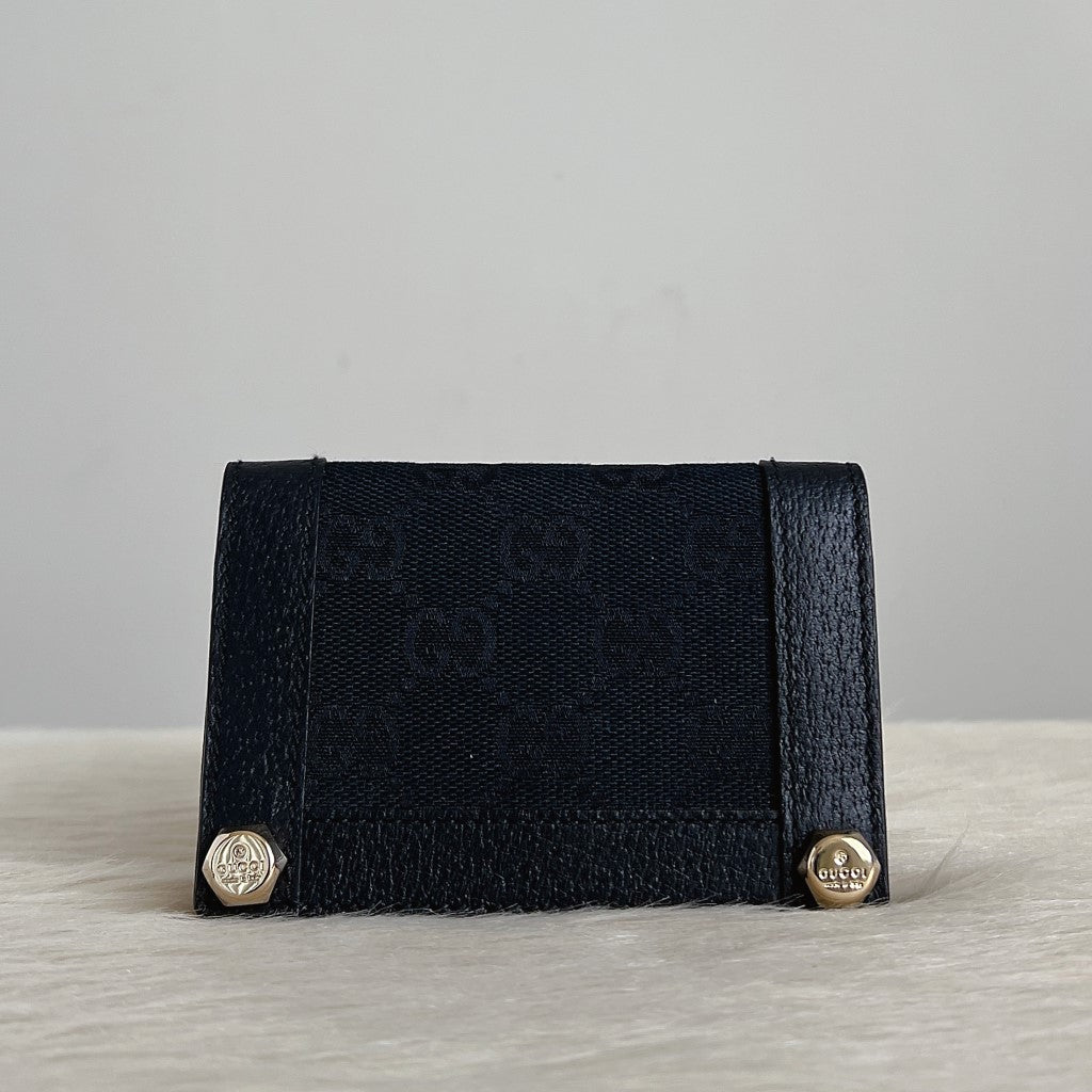 Gucci Black Leather GG Monogram Fold Card Holder Wallet Like New