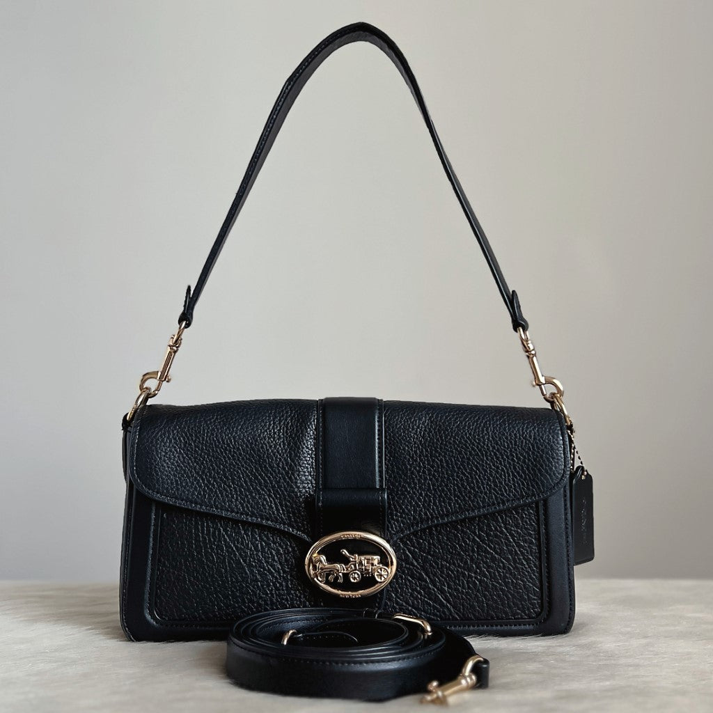Coach Black Leather Front Buckle Double Compartment 2 Way Shoulder Bag Excellent