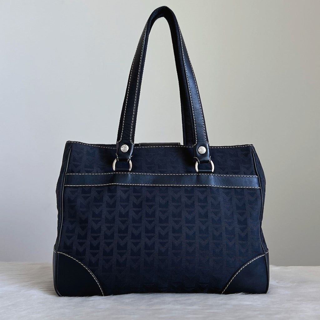 Michael Kors Black Leather MK Monogram Triple Compartment Shoulder Bag