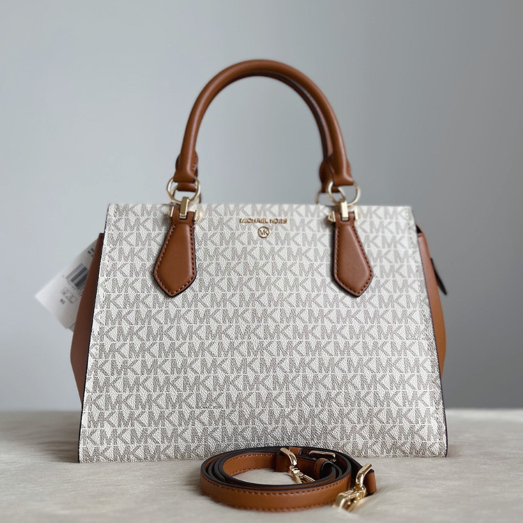 Michael Kors Caramel Leather Monogram Triple Compartment 2 Way Shoulder Bag New with Tags