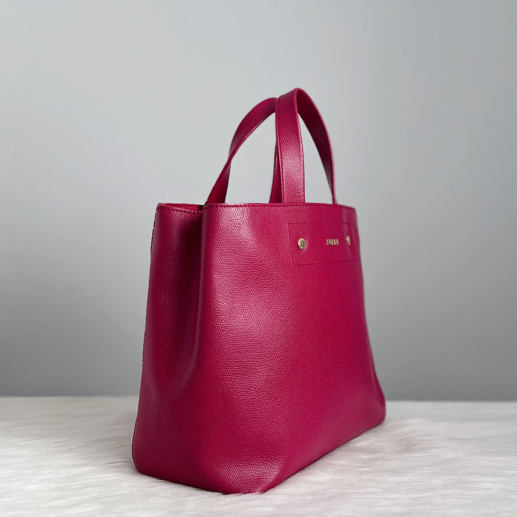 Furla Fuchsia Leather Triple Compartment Tote Bag Like New