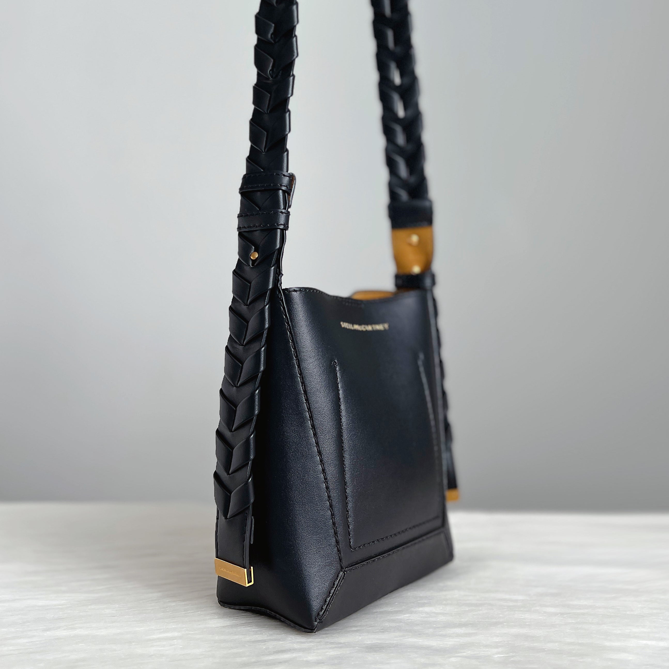 Stella Mccartney Black Pleated Strap Bucket Crossbody Shoulder Bag Like New