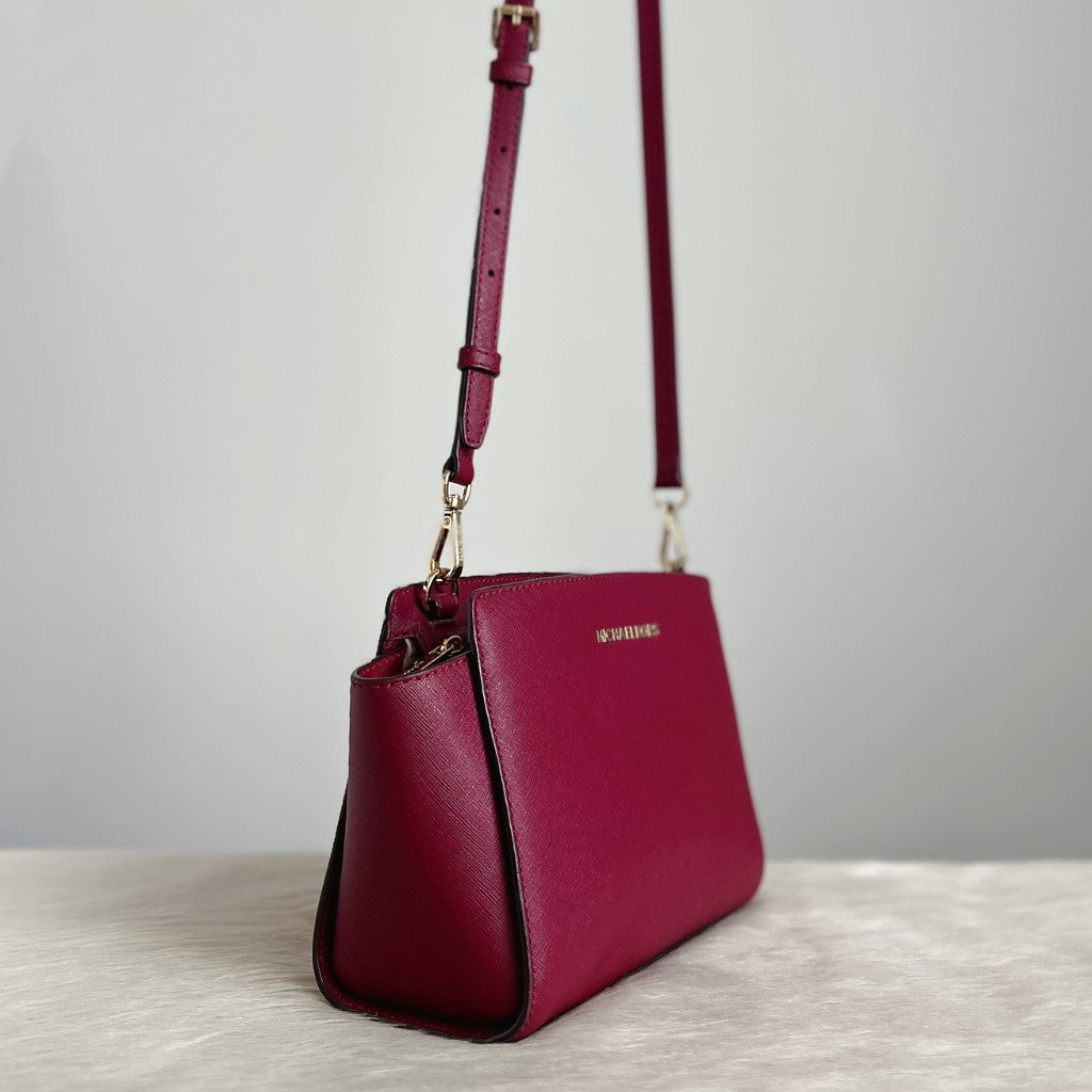 Michael Kors Burgundy Saffiano Leather Front Logo Crossbody Shoulder Bag Excellent