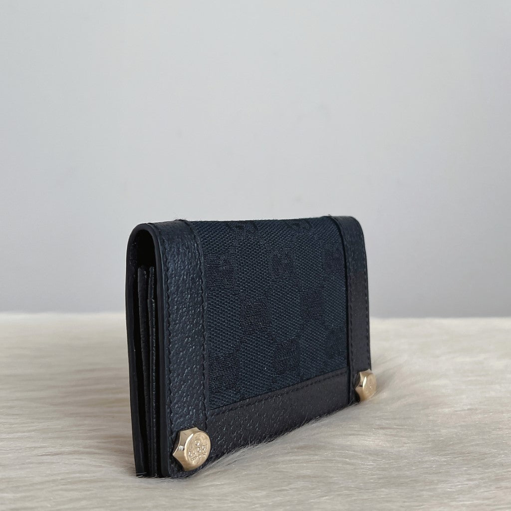 Gucci Black Leather GG Monogram Fold Card Holder Wallet Like New