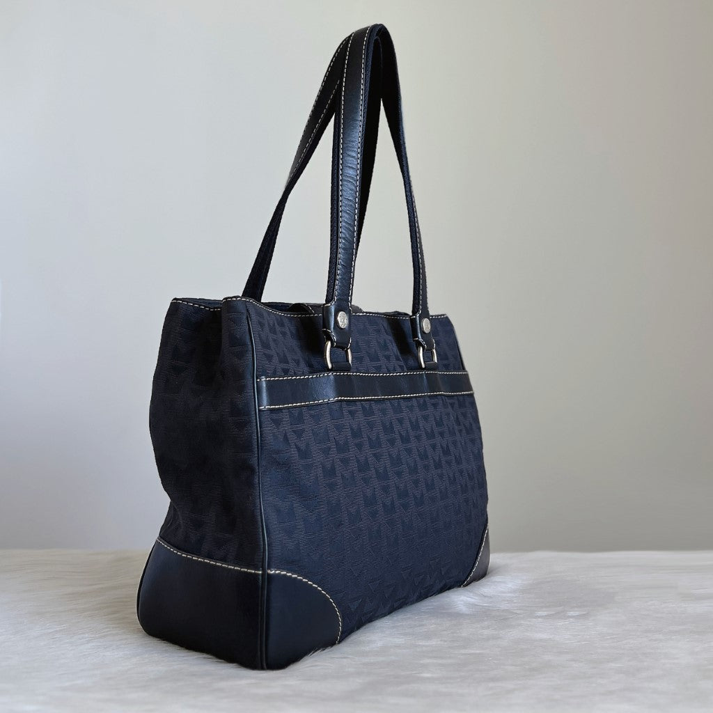 Michael Kors Black Leather MK Monogram Triple Compartment Shoulder Bag