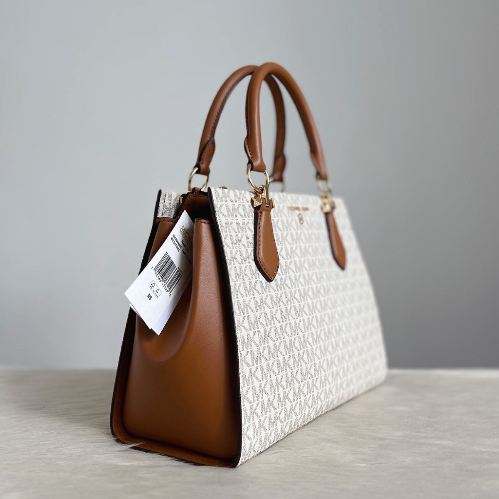 Michael Kors Caramel Leather Monogram Triple Compartment 2 Way Shoulder Bag New with Tags