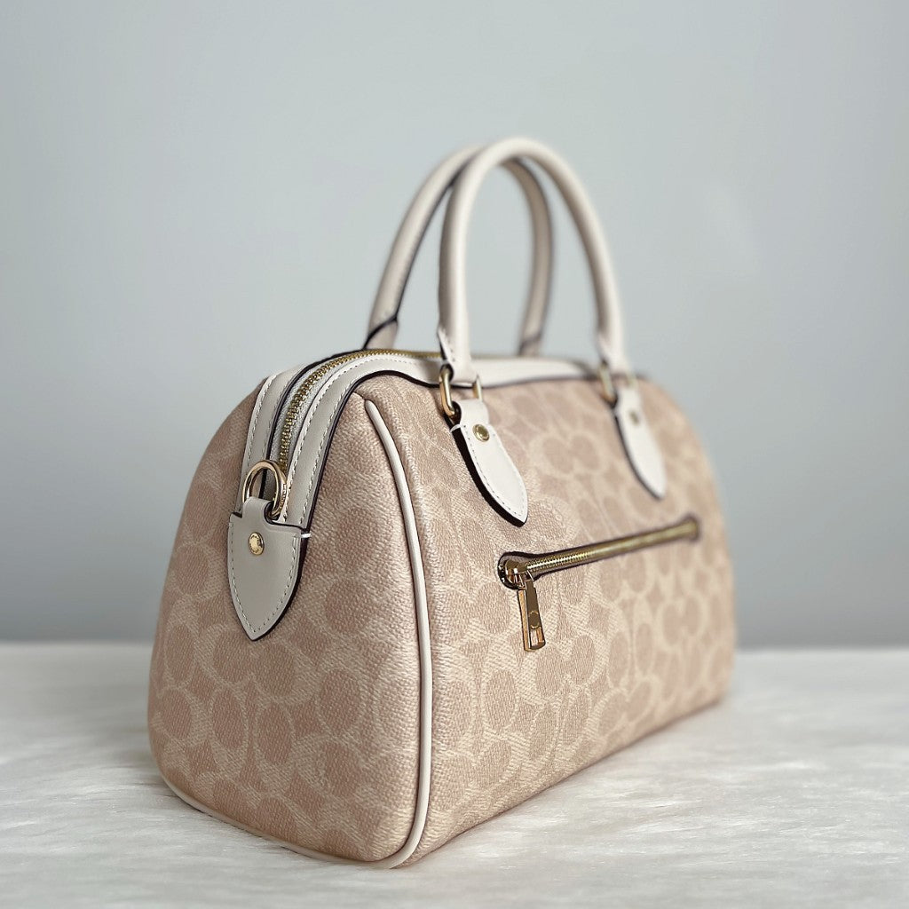 Coach Creamy Leather Front Logo Monogram Boston 2 Way Shoulder Bag Like New