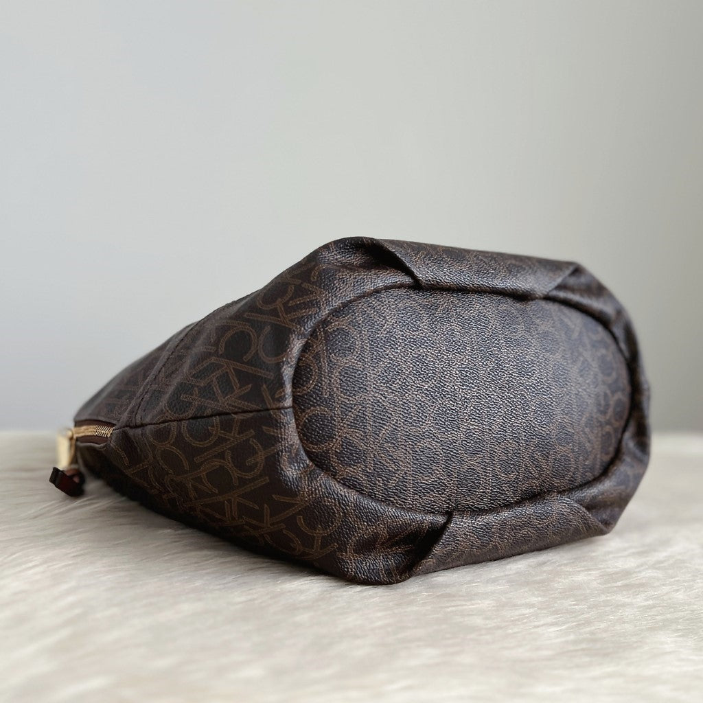 Calvin Klein Caramel Leather Monogram Slouchy Shoulder Bag Like New