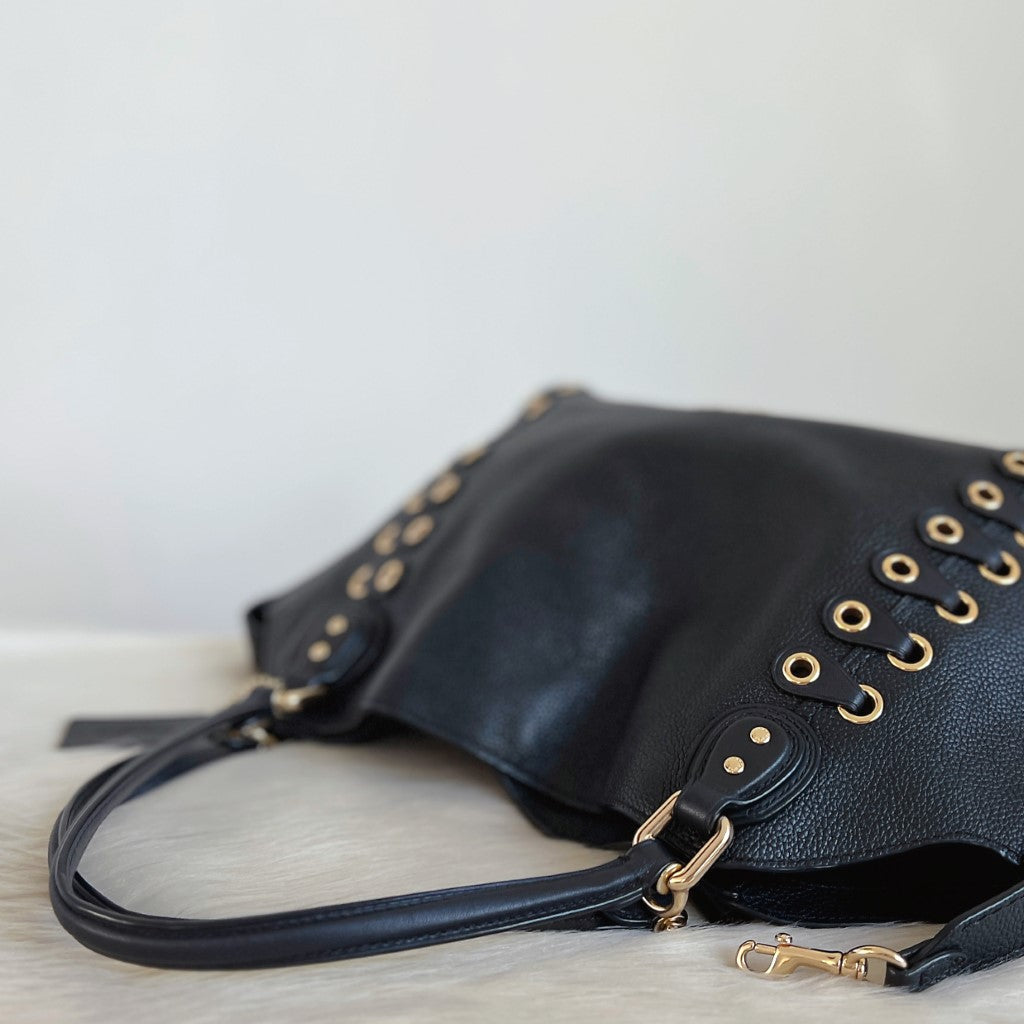 Coach Black Leather Cut Out Details 2 Way Shoulder Bag Excellent