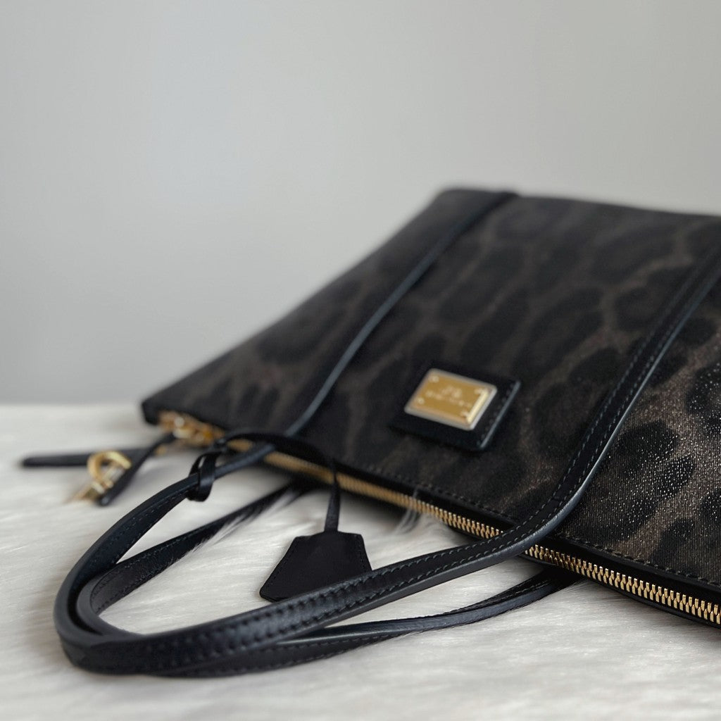 Dolce & Gabbana D&G Black Leather Leopard Pattern Tote Bag Like New