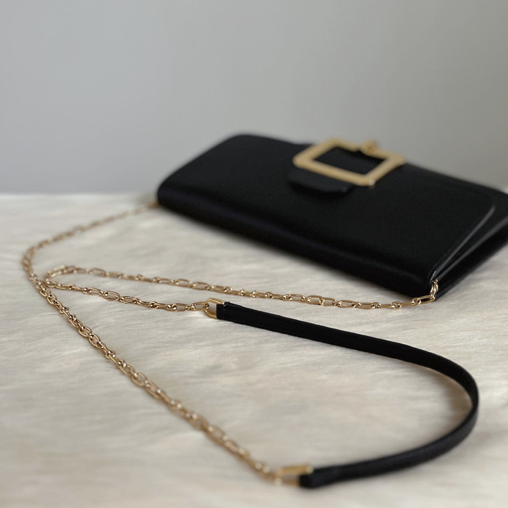 Bally Black Leather Chain Detail Double Compartment Shoulder Bag Excellent