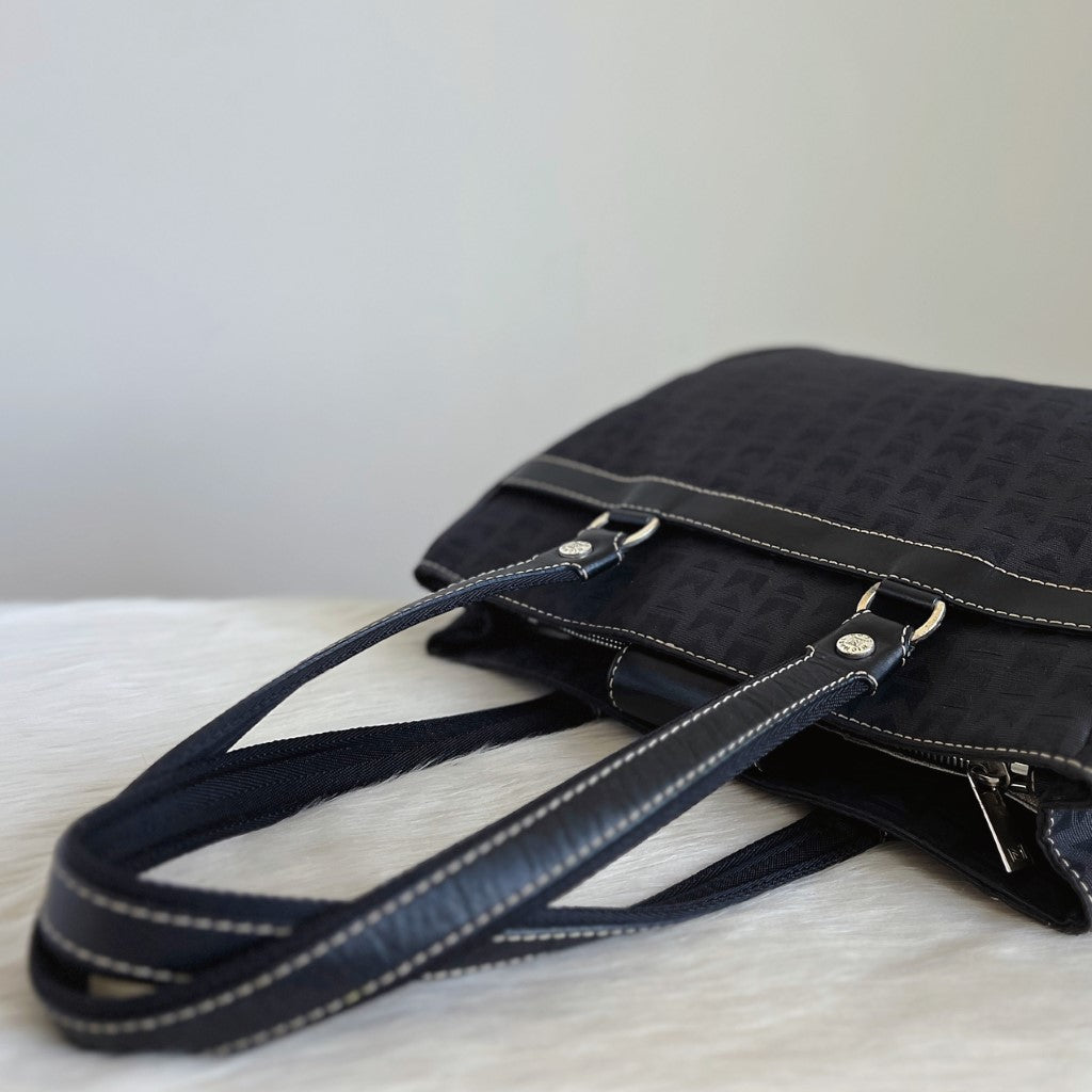 Michael Kors Black Leather MK Monogram Triple Compartment Shoulder Bag
