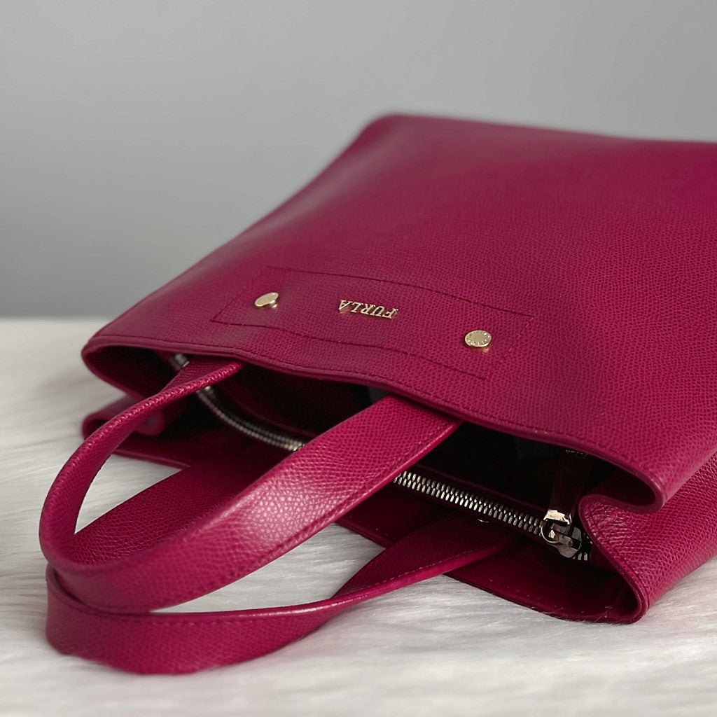 Furla Fuchsia Leather Triple Compartment Tote Bag Like New